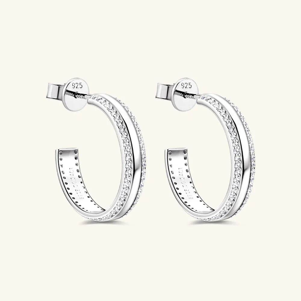 925 Sterling Silver Inlaid Moissanite C-Hoop Earrings - Swiss Jewellers