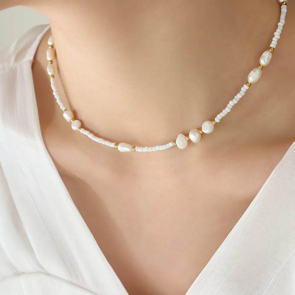 Titanium Steel Glass Bead Pearl Necklace - Swiss Jewellers