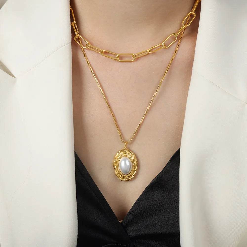 Inlaid Pearl Double-Layered Titanium Steel Necklace - Swiss Jewellers