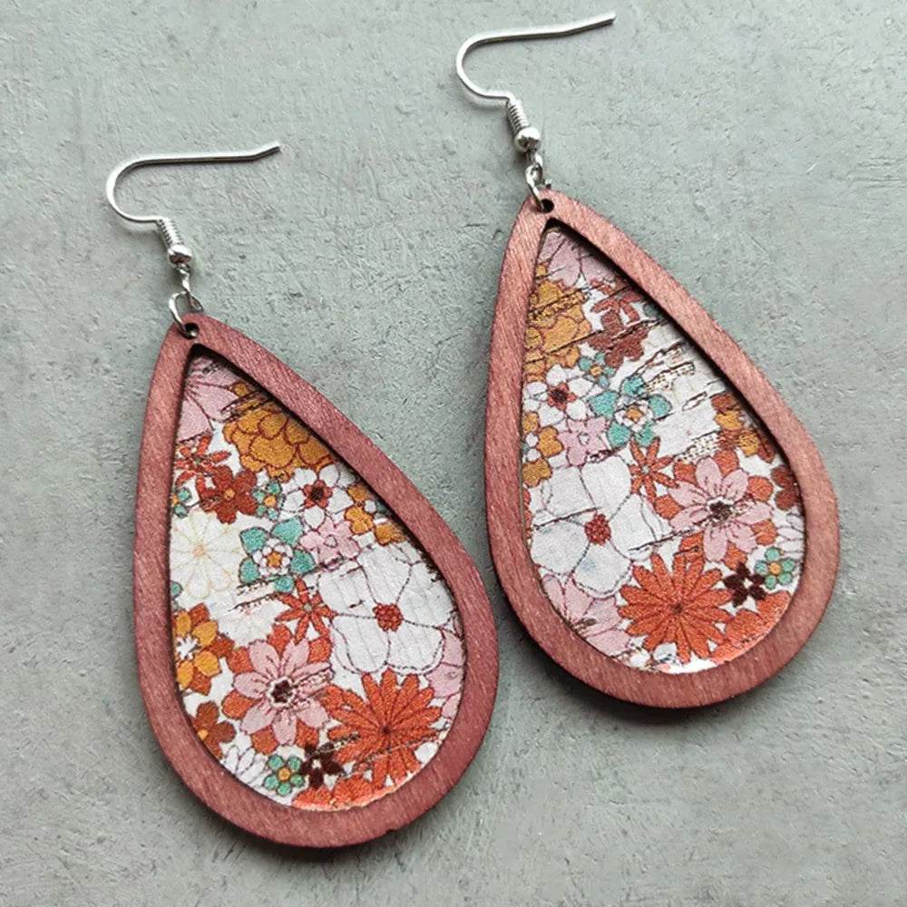 Floral Wood Teardrop Earrings - Swiss Jewellers