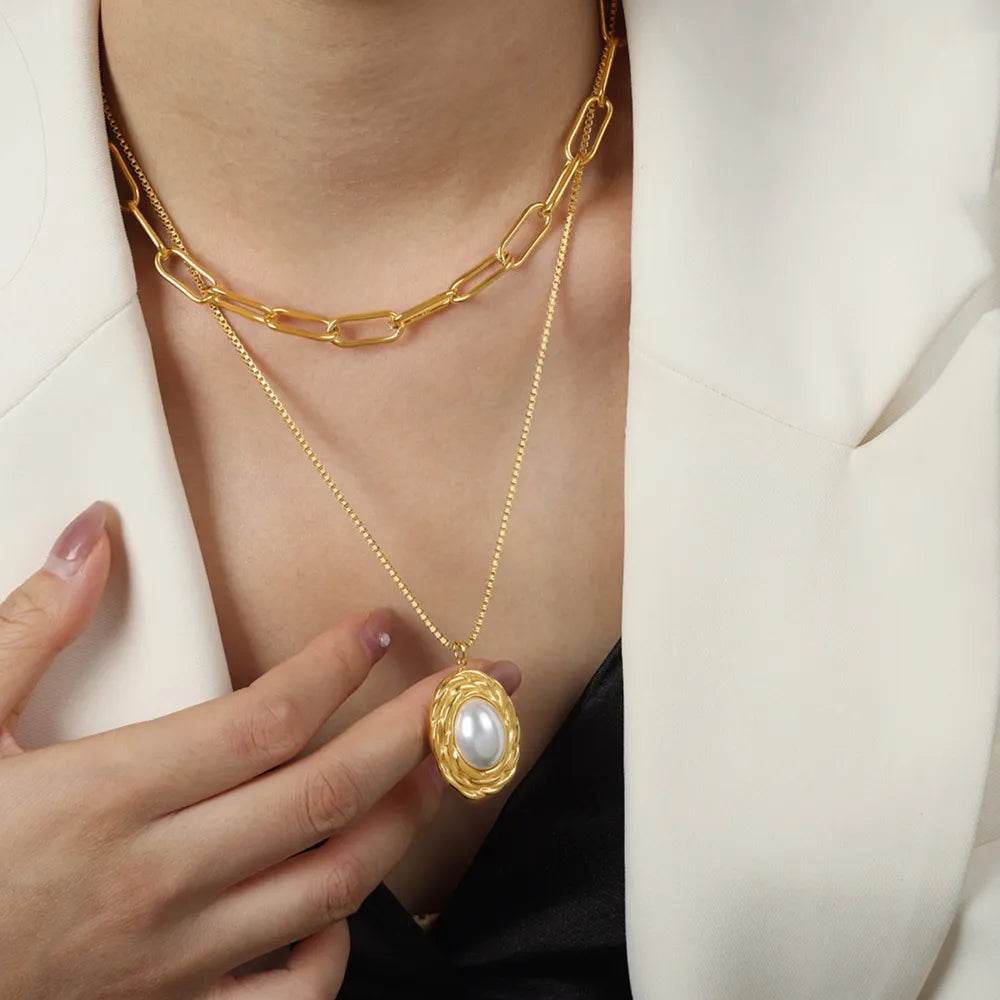 Inlaid Pearl Double-Layered Titanium Steel Necklace - Swiss Jewellers