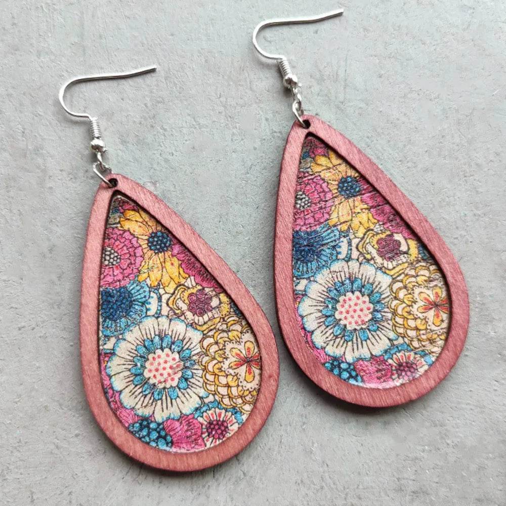 Floral Wood Teardrop Earrings - Swiss Jewellers