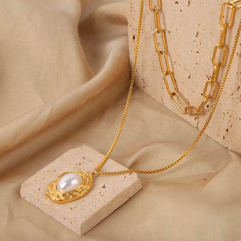 Inlaid Pearl Double-Layered Titanium Steel Necklace - Swiss Jewellers