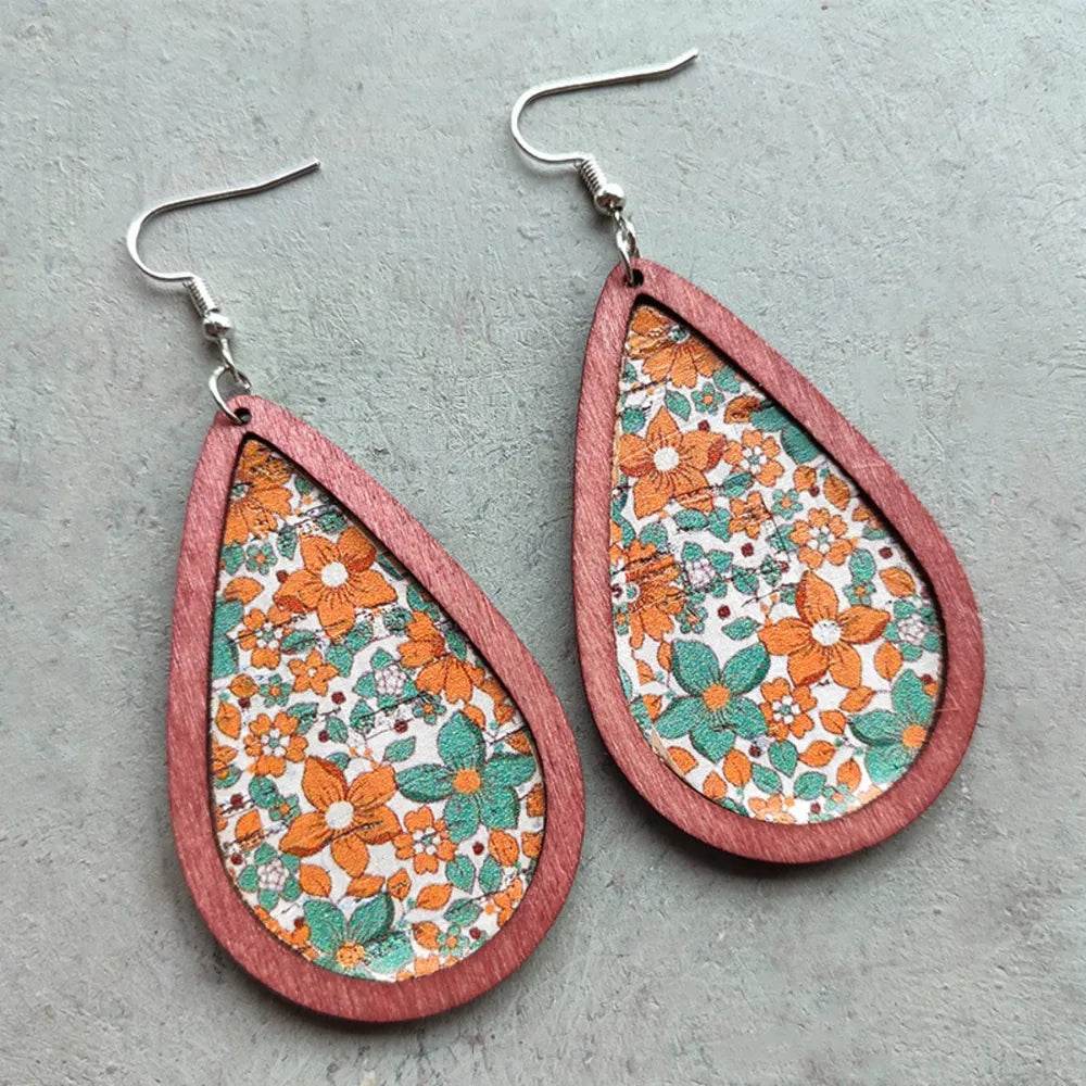 Floral Wood Teardrop Earrings - Swiss Jewellers