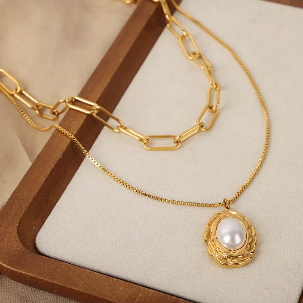 Inlaid Pearl Double-Layered Titanium Steel Necklace - Swiss Jewellers